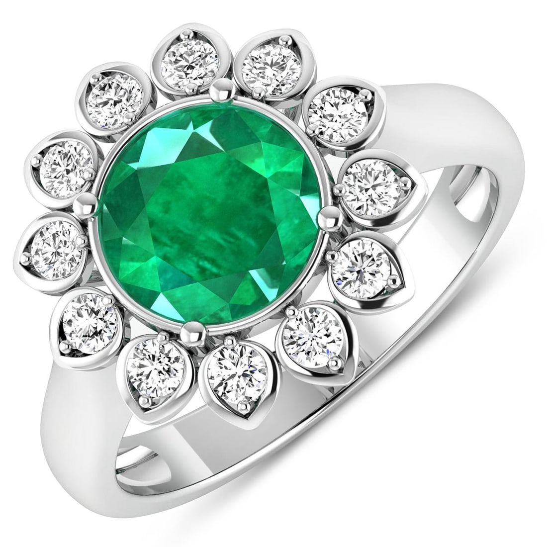 14KT White Gold 1.8ctw Zambian Emerald and Diamond Ring: Zambian Emerald (AA) Round 8.00mm - 1Pc + White Diamond F/C Round 2.00mm - 12Pcs ( SI-2/HI ) Total weight of gemstone is 1.8cts. Total Diamond weight is 0.36cts. Total weight of this ring is 3.29 gram