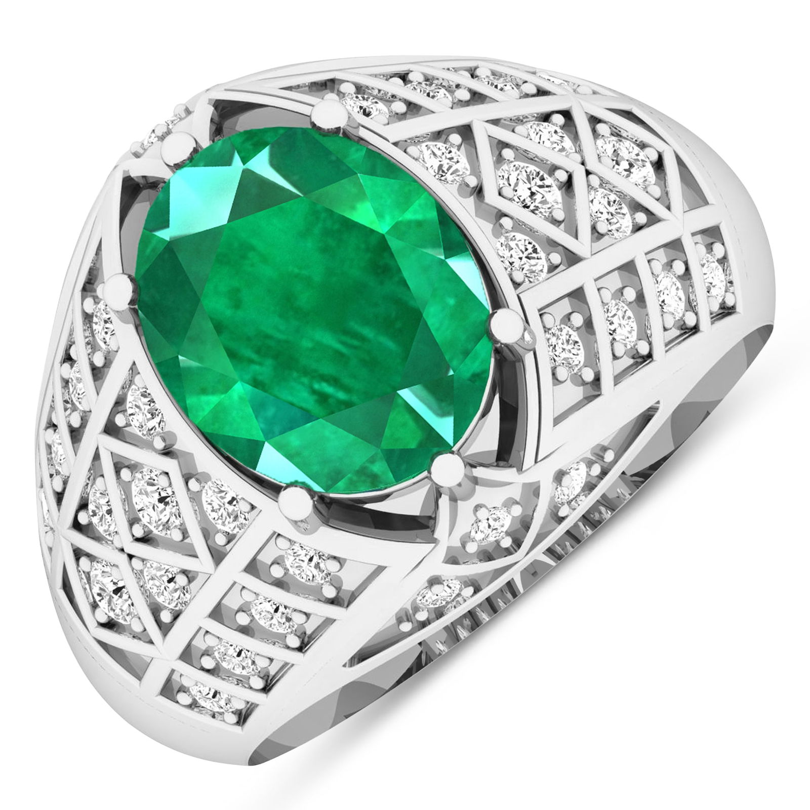 14KT White Gold 2.03ctw Zambian Emerald and Diamond Ring: Zambian Emerald (AA) Oval 10x8mm - 1Pc + White Diamond F/C Round 1.80mm - 4Pcs + White Diamond F/C Round 1.50mm - 8Pcs + White Diamond F/C Round 1.30mm - 16Pcs + White Diamond F/C Round 1.20mm - 6Pcs