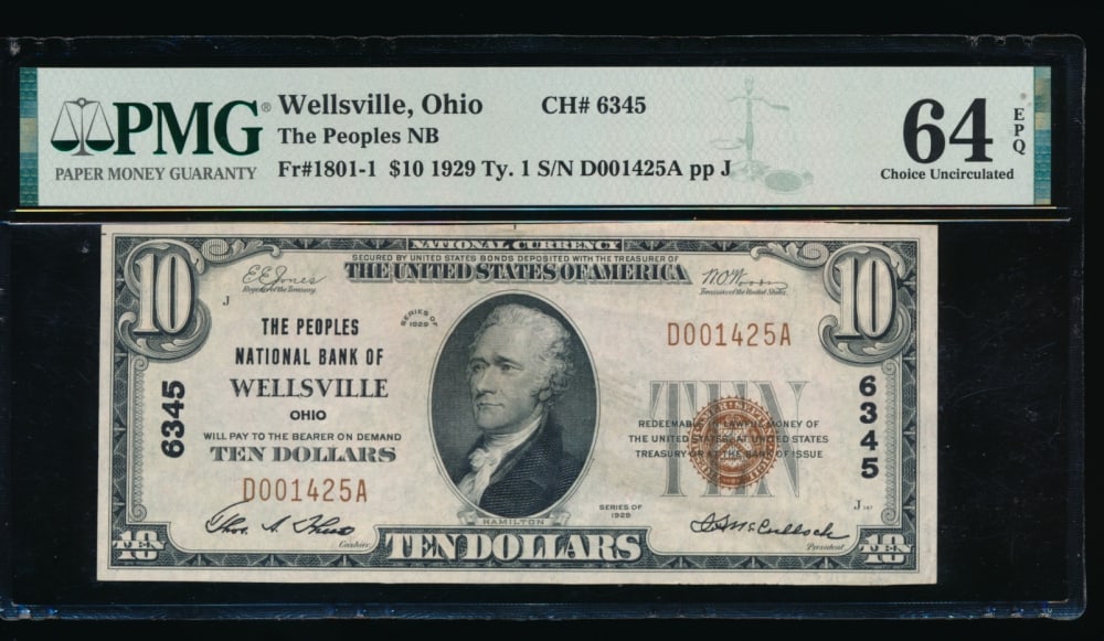1929 $10 Wellsville OH National PMG 64EPQ: One 1929 $10 Wellsville OH National PMG 64EPQ.