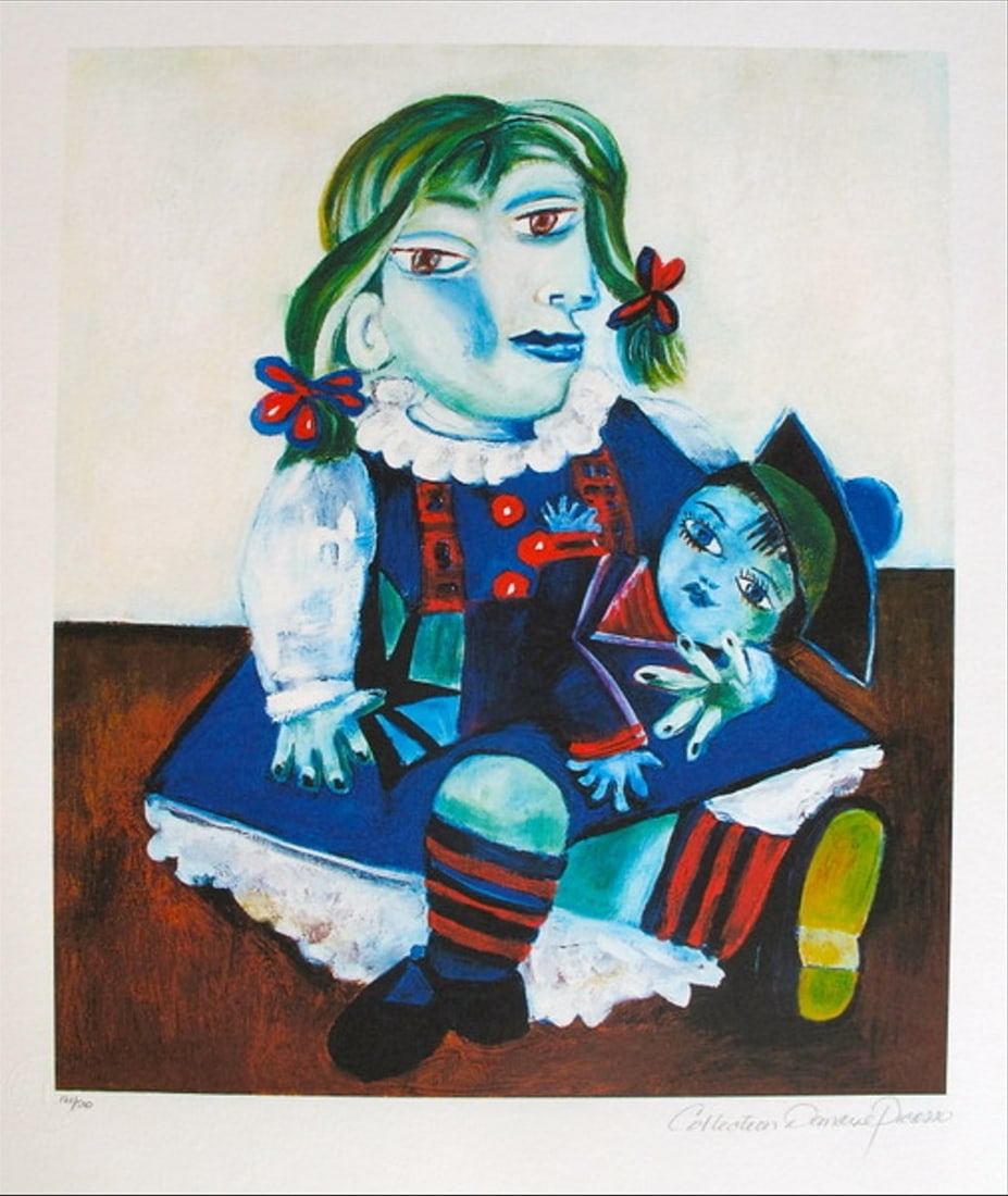 Pablo Picasso MAYA WITH DOLL Estate Signed Limited Edition Giclee: This is a PABLO PICASSO (ESTATE COLLECTION DOMAINE) (1881-1973) small giclee titled MAYA WITH DOLL. This piece is pencil signed on the lower right as Collection Domaine Picasso and has an embossed sea
