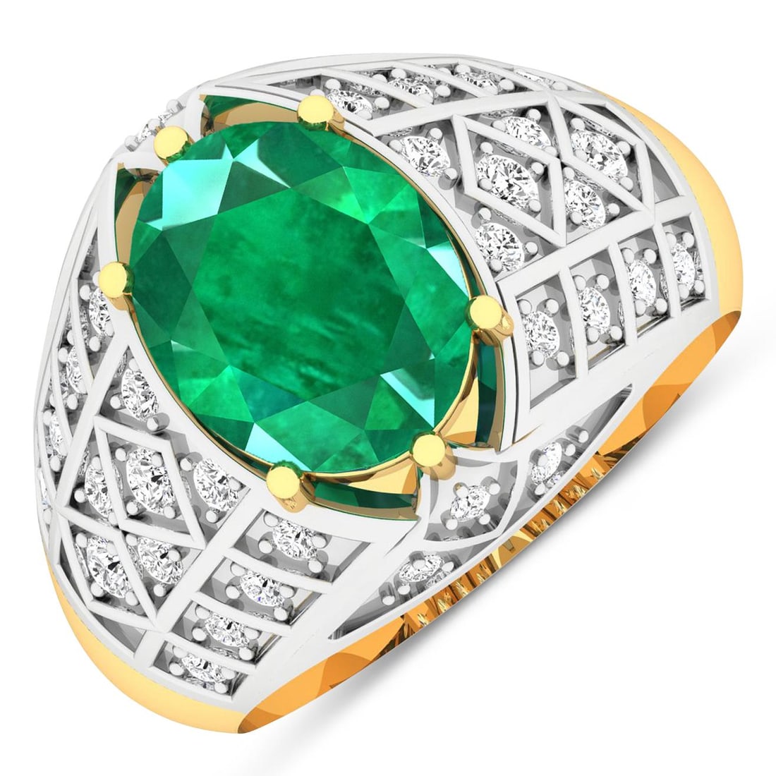 14KT Yellow Gold 2.03ctw Zambian Emerald and Diamond Ring: Zambian Emerald (AA) Oval 10x8mm - 1Pc + White Diamond F/C Round 1.80mm - 4Pcs + White Diamond F/C Round 1.50mm - 8Pcs + White Diamond F/C Round 1.30mm - 16Pcs + White Diamond F/C Round 1.20mm - 6Pcs