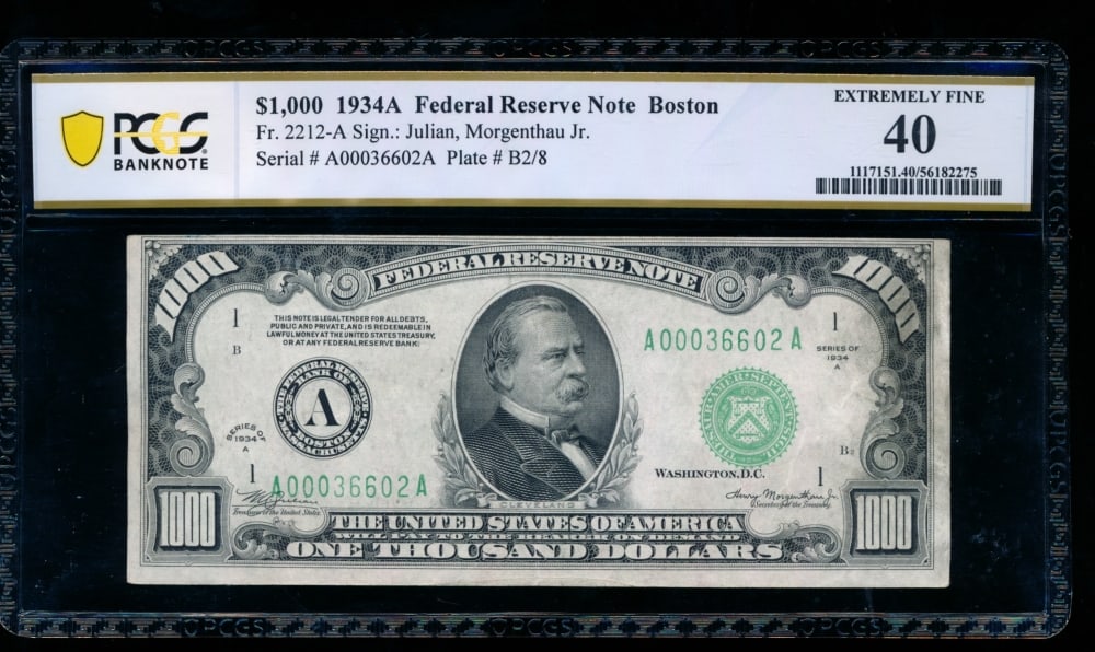 1934A $1000 Boston FRN PCGS 40: One 1934A $1000 Boston FRN PCGS 40.