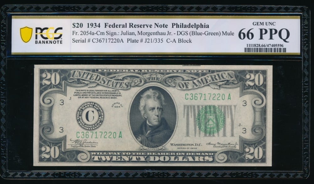 1934 $20 Philadelphia FRN PCGS 66PPQ: One 1934 $20 Philadelphia FRN PCGS 66PPQ.