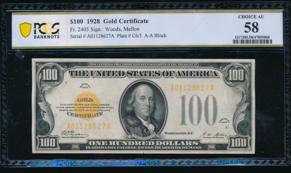 1928 $100 Gold Certificate PCGS 58: One 1928 $100 Gold Certificate PCGS 58.