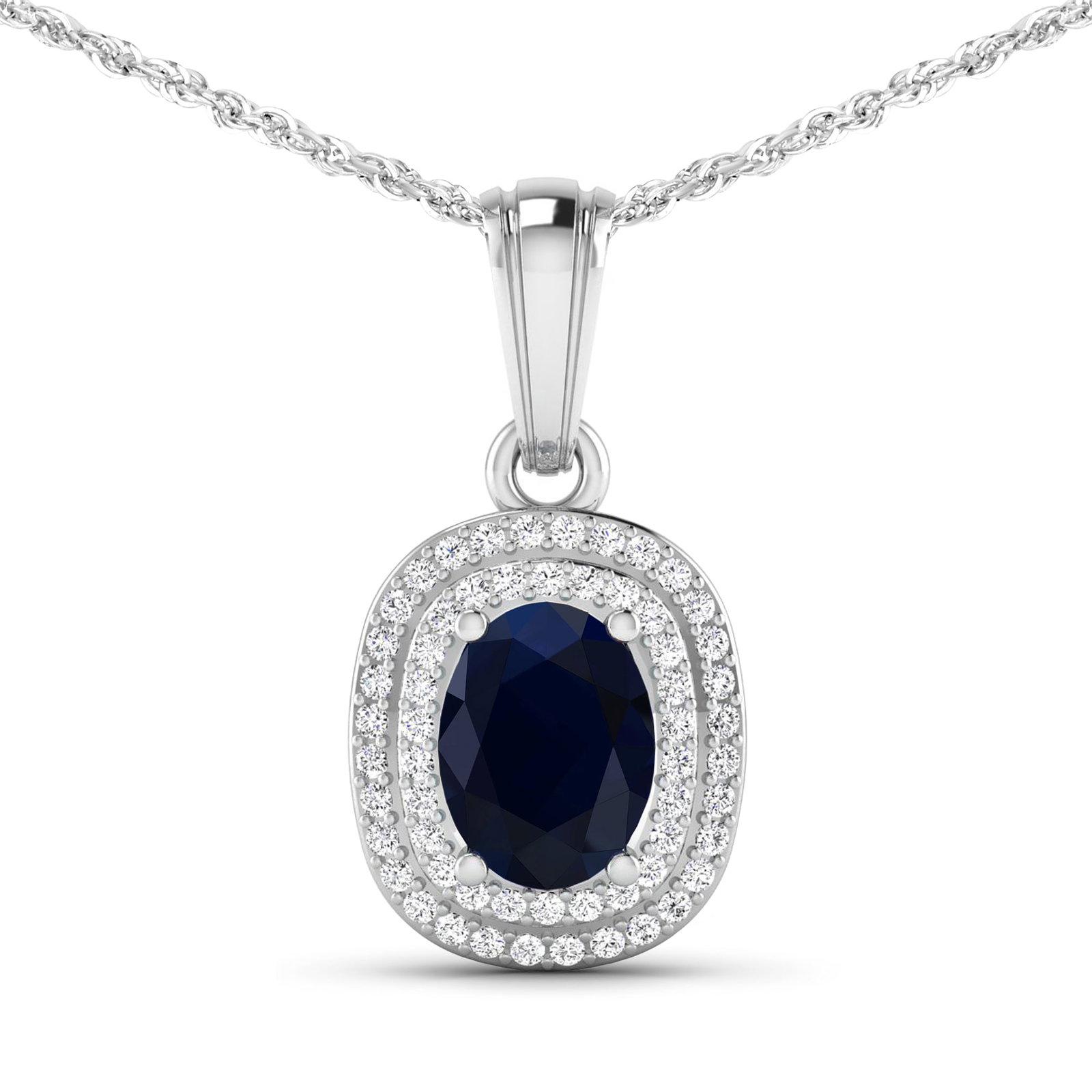 14KT White Gold 1.3ct Blue Sapphire and Diamond Pendant with Chain: (1) Oval Blue Sapphire stone with a total weight of 1.30cts. (58) round Diamonds with a total weight of 0.26cts with a color of (i) and a clarity of i1-i2. Total weight of this pendant with chain is 2