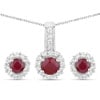 Plated Rhodium 2.17ctw Ruby and White Topaz Jewelry Set: This rhodium?plated .925 sterling silver ruby jewelry set features 2.17 ctw of natural gemstones, highlighted by three round rubies: one 5.00 mm center stone (0.65 ctw) and two 4.00 mm accents totalin