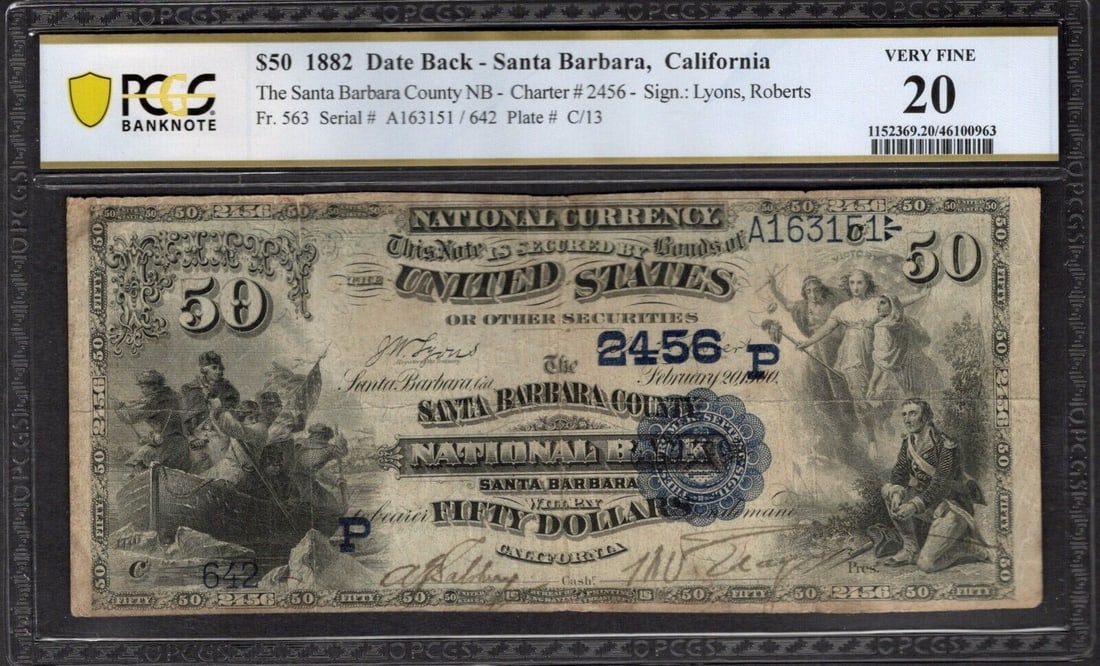 1882 $50 Santa Barbara CA National PCGS 20: One 1882 $50 Santa Barbara CA National PCGS 20.