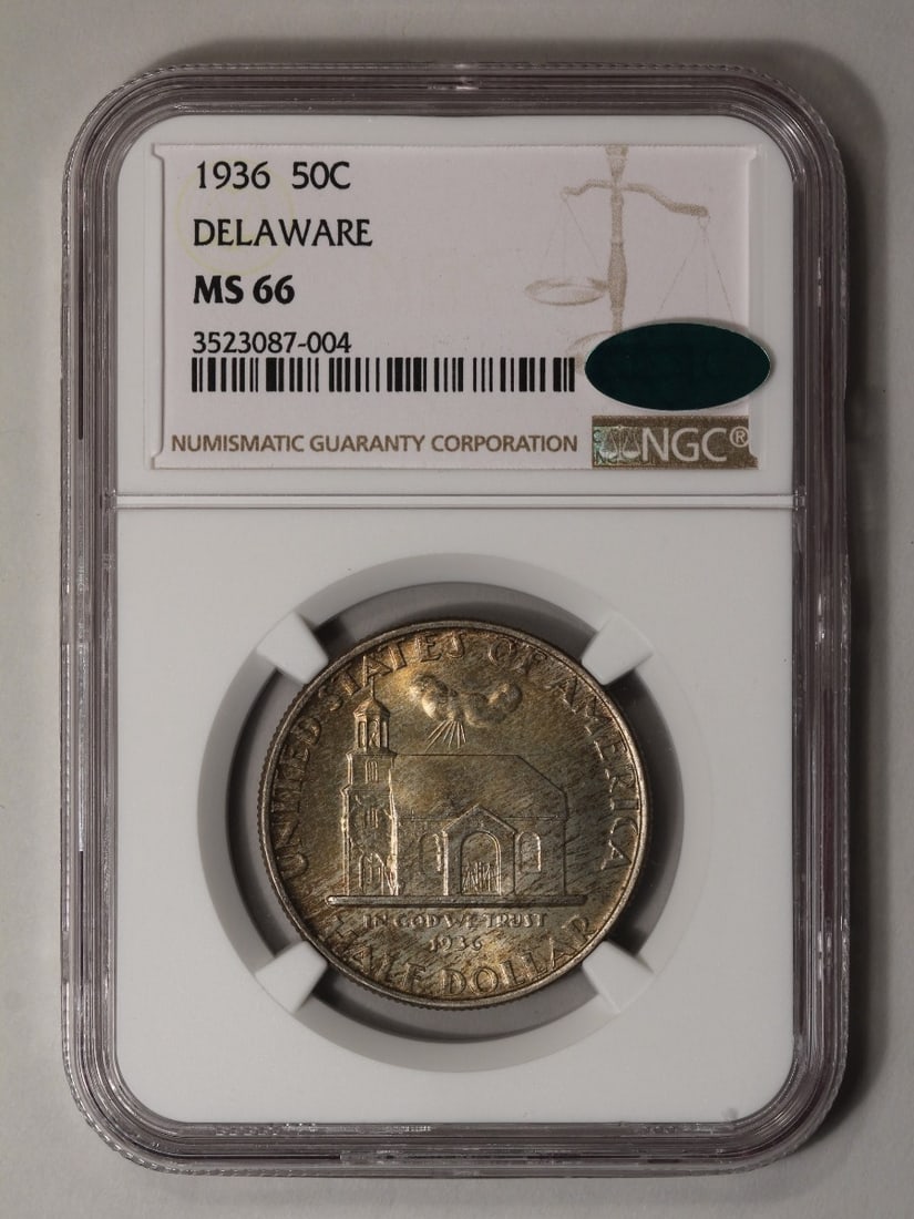 1936 Delaware Commemorative Half Dollar NGC MS66 CAC: One 1936 Delaware Commemorative Half Dollar NGC MS66 CAC.