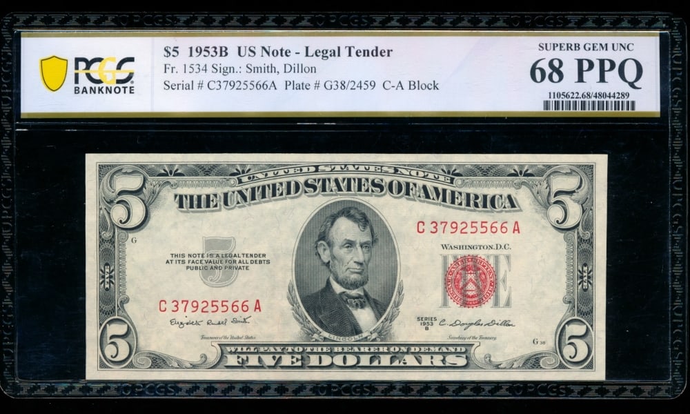 1953B $5 Legal Tender Note PCGS 68PPQ (1 of 2)