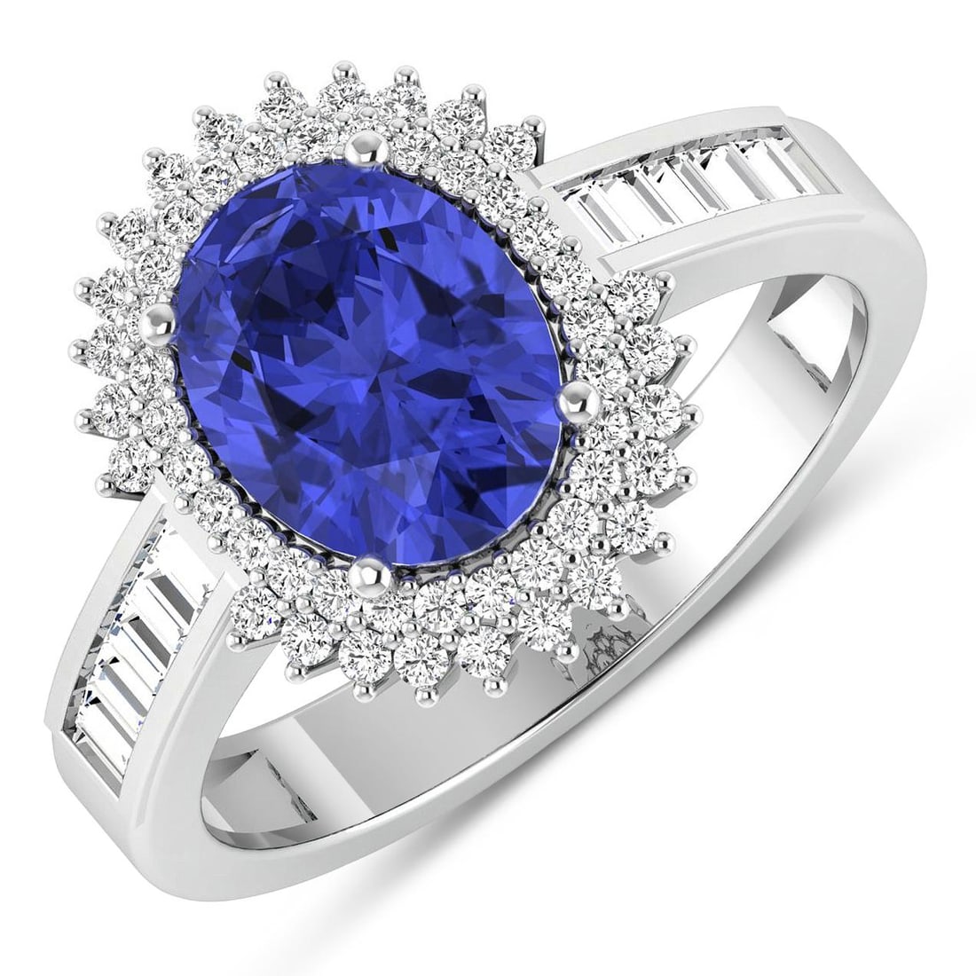 14KT White Gold 1.41ctw Tanzanite and Diamond Ring: Tanzanite (AA+) Oval 9x7mm - 1Pc + White Diamond Baguette 2.00x1.50mm - 10Pcs + White Diamond F/C Round 1.00mm - 52Pcs ( SI-2/HI ) Total weight of gemstone is 1.41cts. Total Diamond weight is 0.52cts.