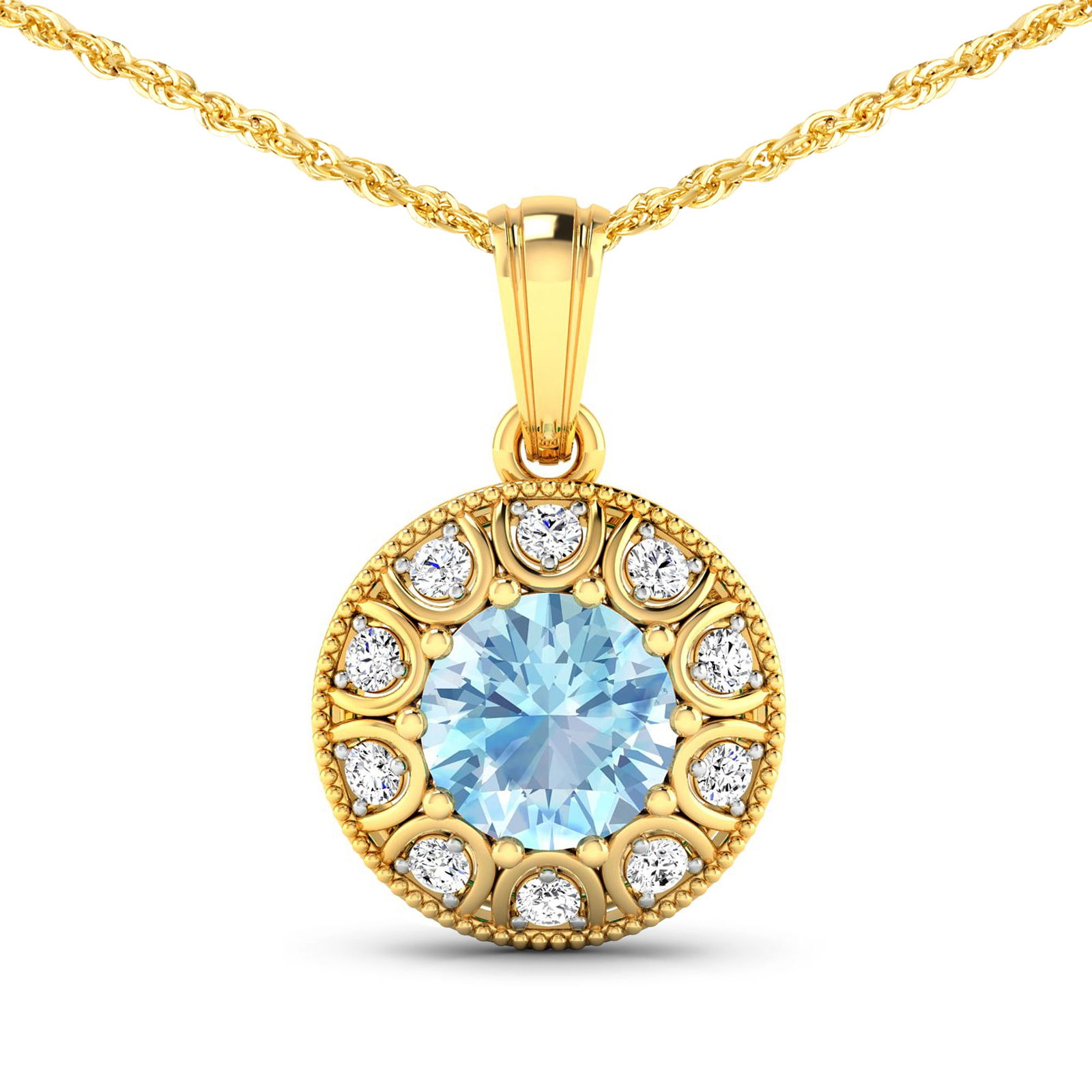 14KT Yellow Gold 1.9ctw Aquamarine and Diamond Pendant: Aquamarine (AA+) Round 8.00mm - 1Pc + White Diamond F/C Round 2.00mm - 10Pcs ( White Pan Rhodium ) ( SI-2/HI ) Total weight of gemstone is 1.9cts. Total Diamond weight is 0.3cts. Total weight of this