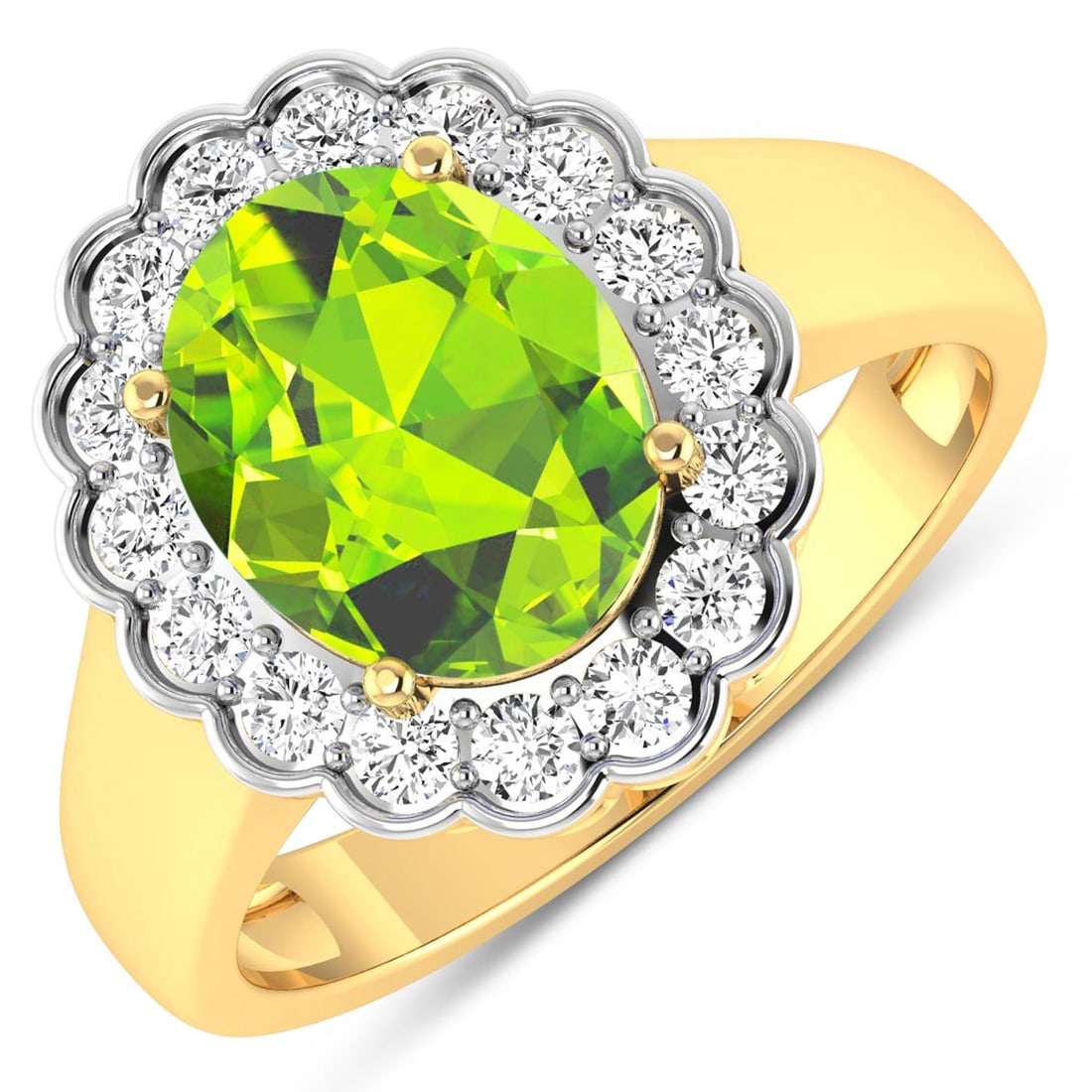 14KT Yellow Gold 2.3ctw Peridot and Diamond Ring: Peridot Oval 10x8mm - 1Pc + White Diamond F/C Round 2.00mm - 16Pcs ( White Pan Rhodium ) ( SI-2/HI ) Total weight of gemstone is 2.3cts. Total Diamond weight is 0.48cts. Total weight of this ring is 4
