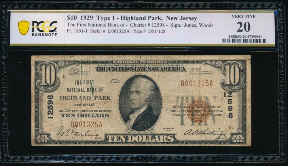 1929 $10 Highland Park NJ National PCGS 20: One 1929 $10 Highland Park NJ National PCGS 20.
