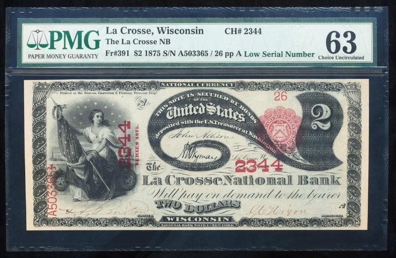 1875 $2 Lazy Deuce Low Serial La Crosse WI PMG 63: One 1875 $2 Lazy Deuce Low Serial La Crosse WI PMG 63.