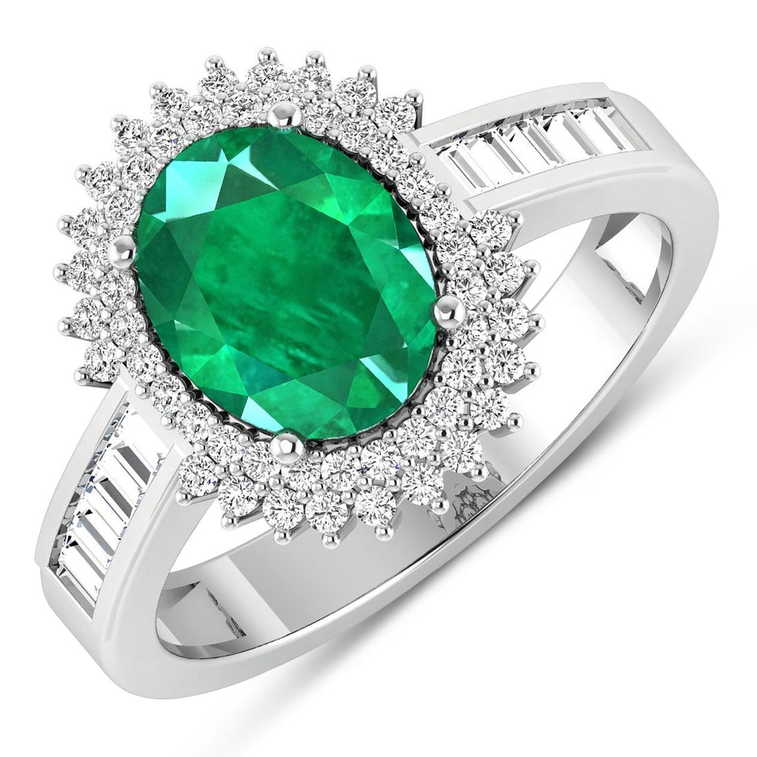14KT White Gold 1.53ctw Zambian Emerald and Diamond Ring: Zambian Emerald (AA) Oval 9x7mm - 1Pc + White Diamond Baguette 2.00x1.50mm - 10Pcs + White Diamond F/C Round 1.00mm - 52Pcs ( SI-2/HI ) Total weight of gemstone is 1.53cts. Total Diamond weight is 0.5