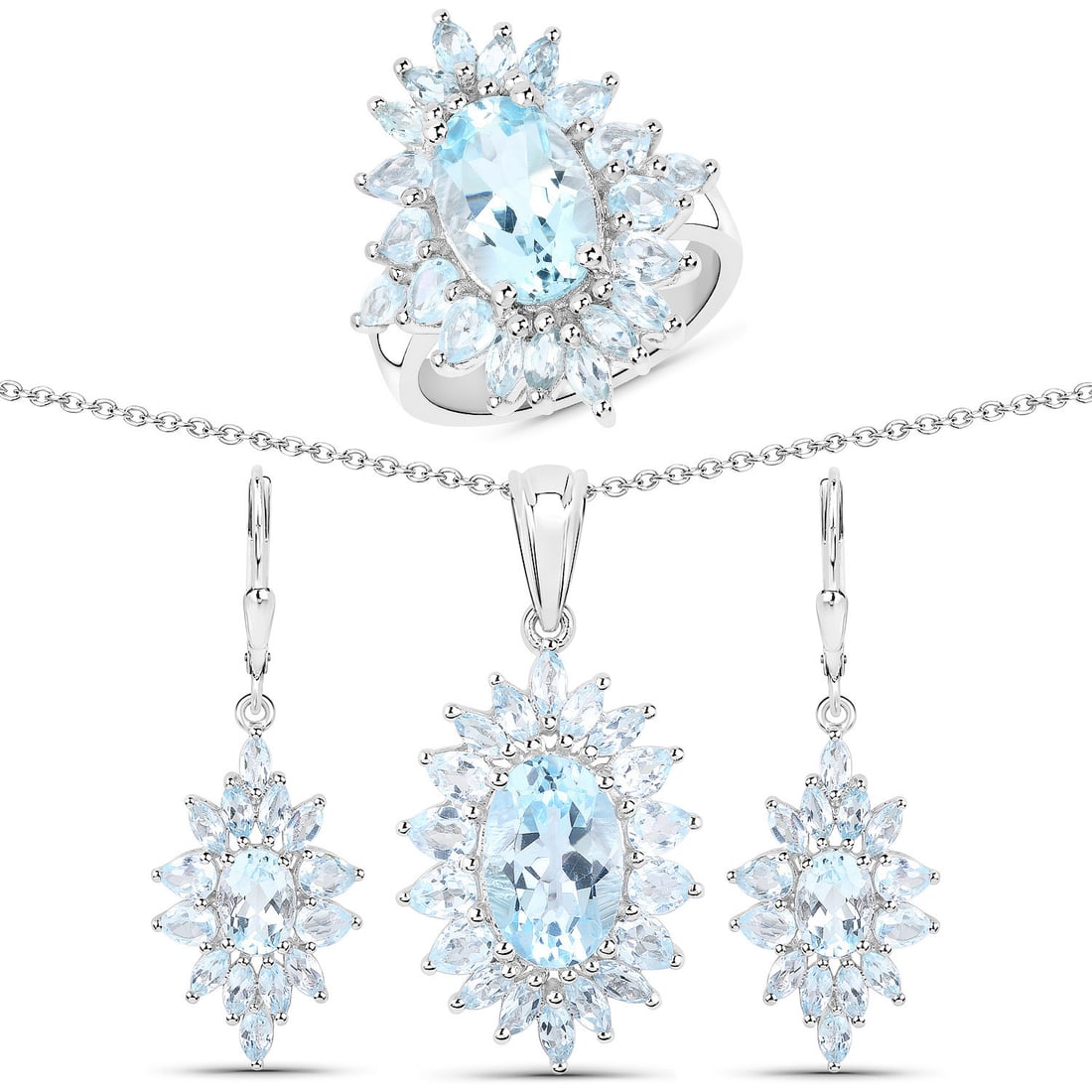 Sterling Silver 19.18ctw Blue Topaz Jewelry Set: Blue topaz shapes this 18K white gold–plated .925 sterling silver jewelry set, featuring two 12×8?mm ovals (9.18?ctw), two 7×5?mm ovals (1.90?ctw), twenty?four 4×3?mm pears (4.32?ctw), and forty?