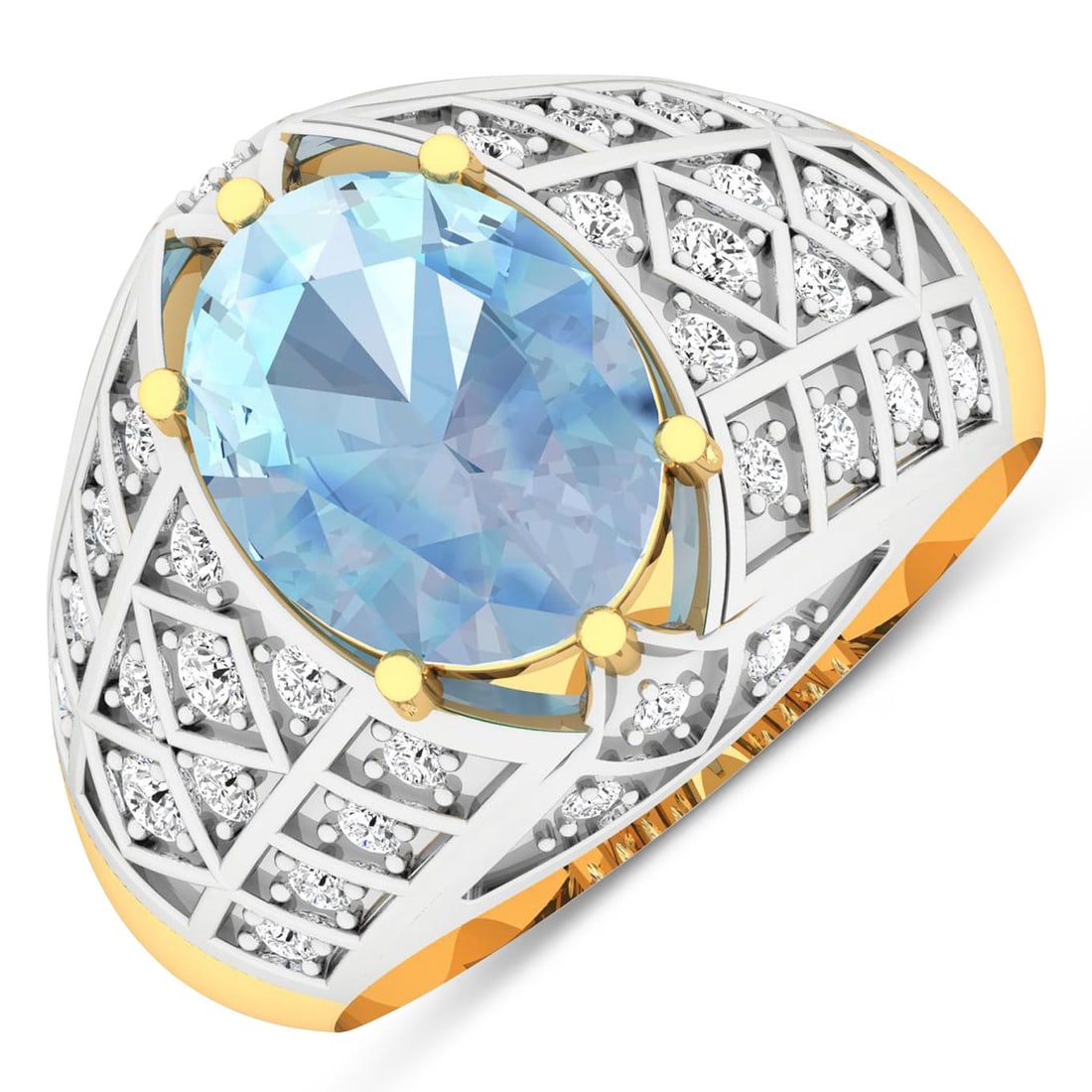 14KT Yellow Gold 1.9ctw Aquamarine and Diamond Ring: Aquamarine (AA+) Oval 10x8mm - 1Pc + White Diamond F/C Round 1.80mm - 4Pcs + White Diamond F/C Round 1.50mm - 8Pcs + White Diamond F/C Round 1.30mm - 16Pcs + White Diamond F/C Round 1.20mm - 6Pcs ( Wh