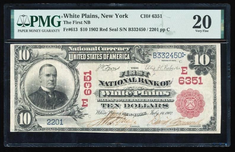 1902 $10 Red Seal White Plains NY National PMG 20: One 1902 $10 Red Seal White Plains NY National PMG 20.