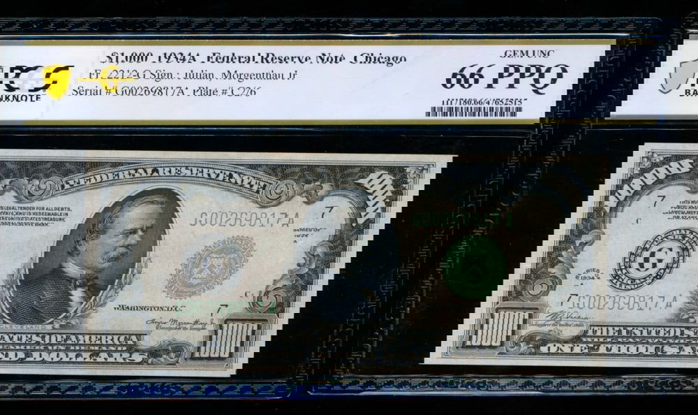 1934A $1000 Chicago FRN PCGS 66PPQ: One 1934A $1000 Chicago FRN PCGS 66PPQ.