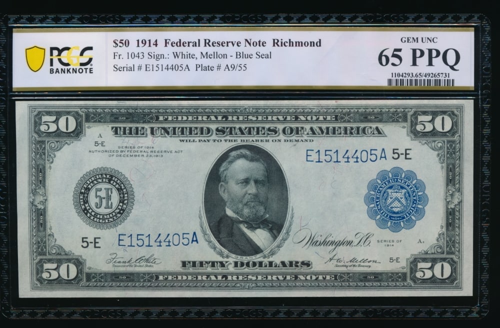1914 $50 Richmond FRN PCGS 65PPQ: One 1914 $50 Richmond FRN PCGS 65PPQ.