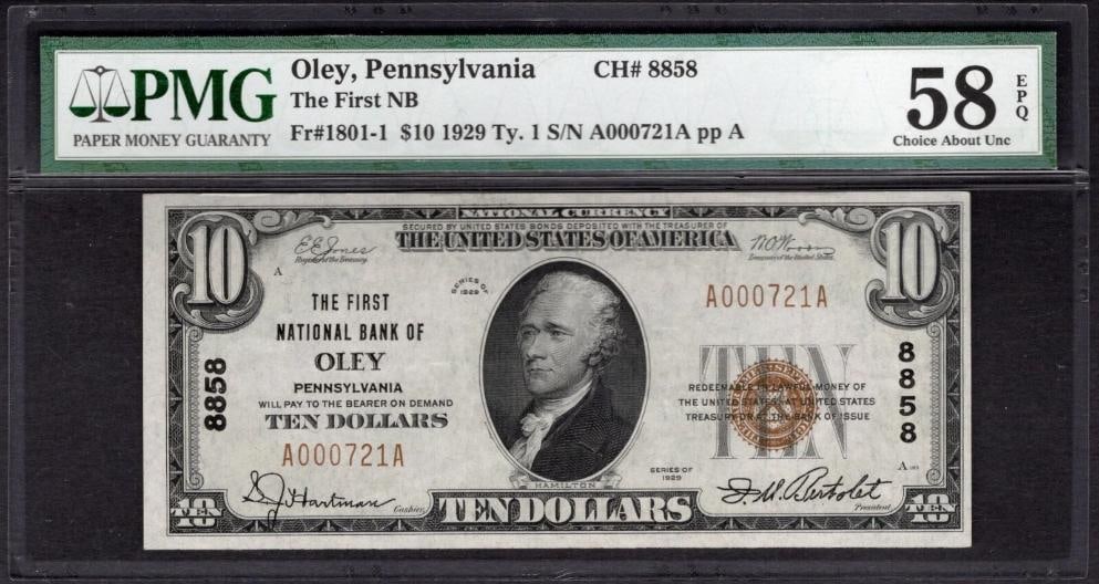 1929 $10 Oley PA National PMG 58EPQ: One 1929 $10 Oley PA National PMG 58EPQ.