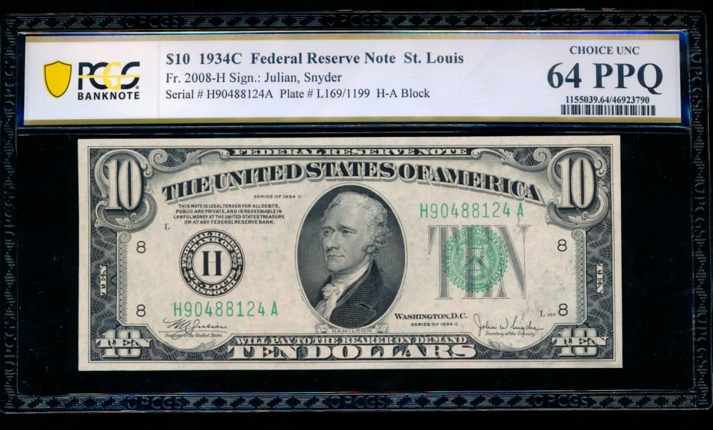 1934C $10 St Louis FRN PCGS 64PPQ: One 1934C $10 St Louis FRN PCGS 64PPQ.