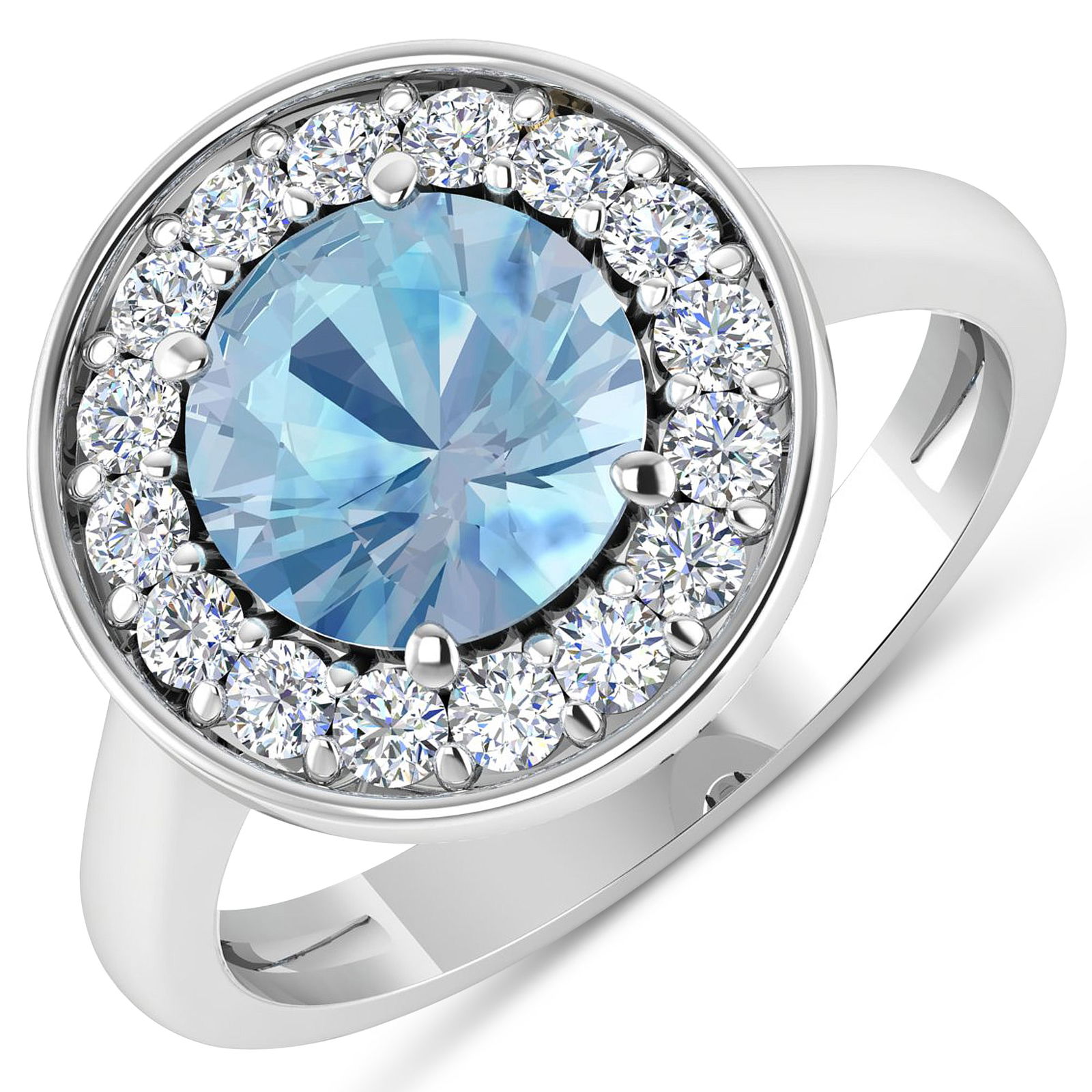 14KT White Gold 1.9ct Aquamarine and Diamond Ring: Aquamarine (AA+) Round 8.00mm - 1Pc + White Diamond F/C Round 2.00mm - 16Pcs ( Diamond Quality : SI-2/HI ). Total weight of gemstone is 1.9cts. Total weight of Diamonds is 0.48cts. Total weight of thi