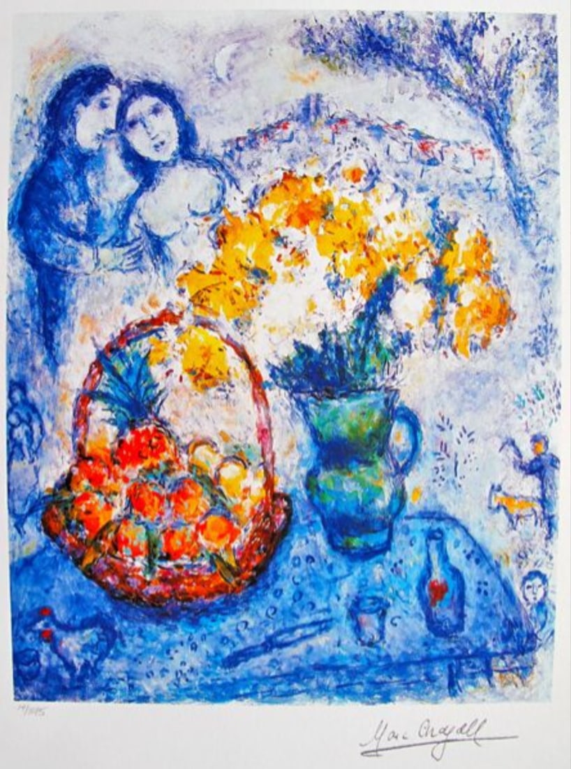 Marc Chagall YELLOW BOUQUET Facsimile Signed Limited Edition Giclee: This is a Marc Chagall limited edition small giclee titled YELLOW BOUQUET. This giclee is facsimile signed on the lower right and is pencil numbered on the lower left from an edition of 375. Paper mea