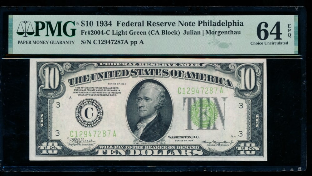1934 $10 Philadelphia FRN PMG 64EPQ: One 1934 $10 Philadelphia FRN PMG 64EPQ.
