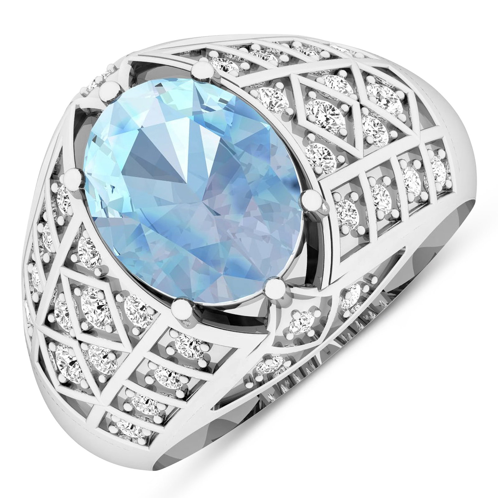 14KT White Gold 1.9ctw Aquamarine and Diamond Ring: Aquamarine (AA+) Oval 10x8mm - 1Pc + White Diamond F/C Round 1.80mm - 4Pcs + White Diamond F/C Round 1.50mm - 8Pcs + White Diamond F/C Round 1.30mm - 16Pcs + White Diamond F/C Round 1.20mm - 6Pcs ( SI
