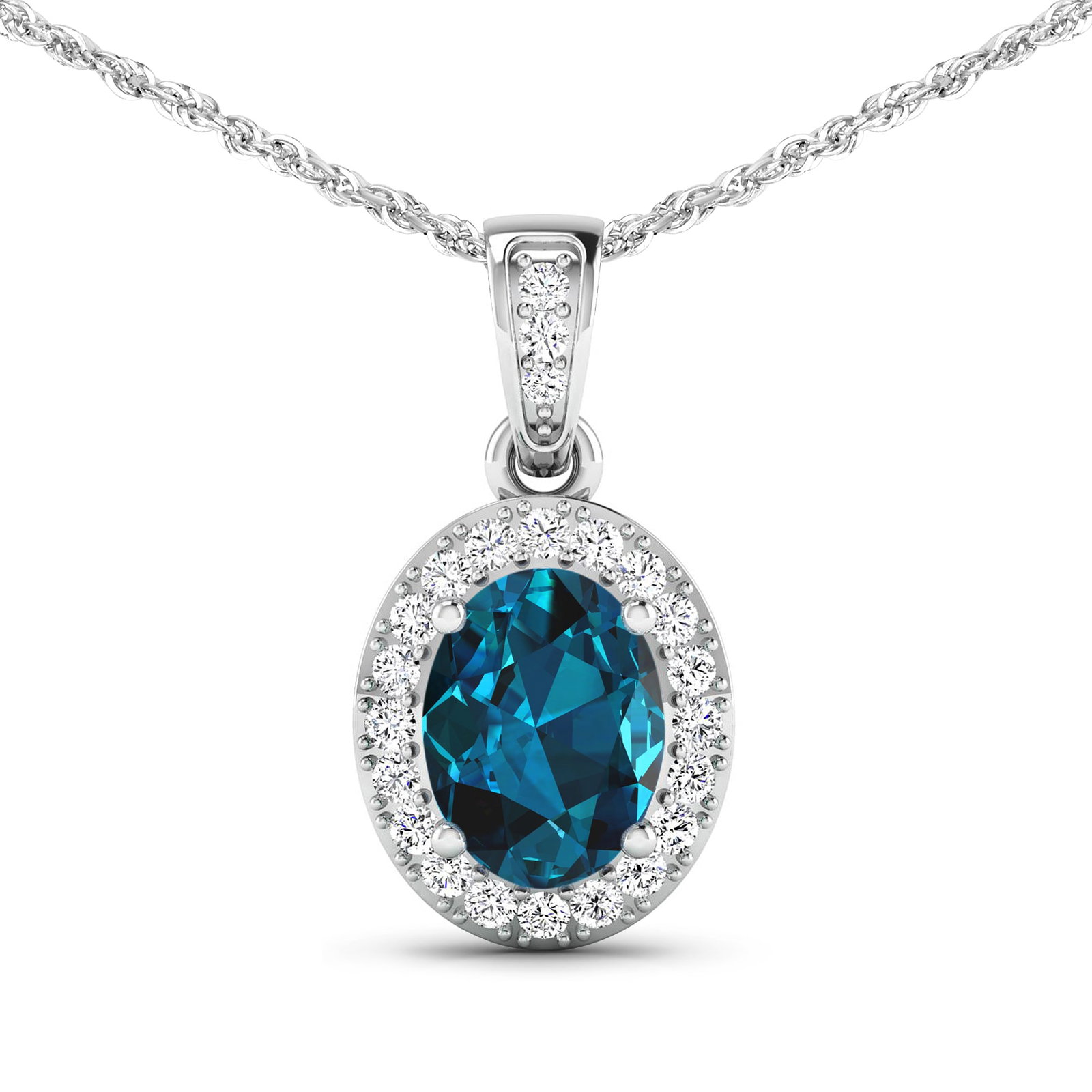 14KT White Gold 1.10ct London Blue Topaz and Diamond Pendant with Chain: 1 London Blue Topaz stone with a total weight of 1.10cts. London Blue Topaz Oval 8x6mm - 1Pc + White Diamond F/C Round 1.20mm - 22Pcs + White Diamond F/C Round 1.10mm - 1Pc (I1-I2/I color). Diamonds w