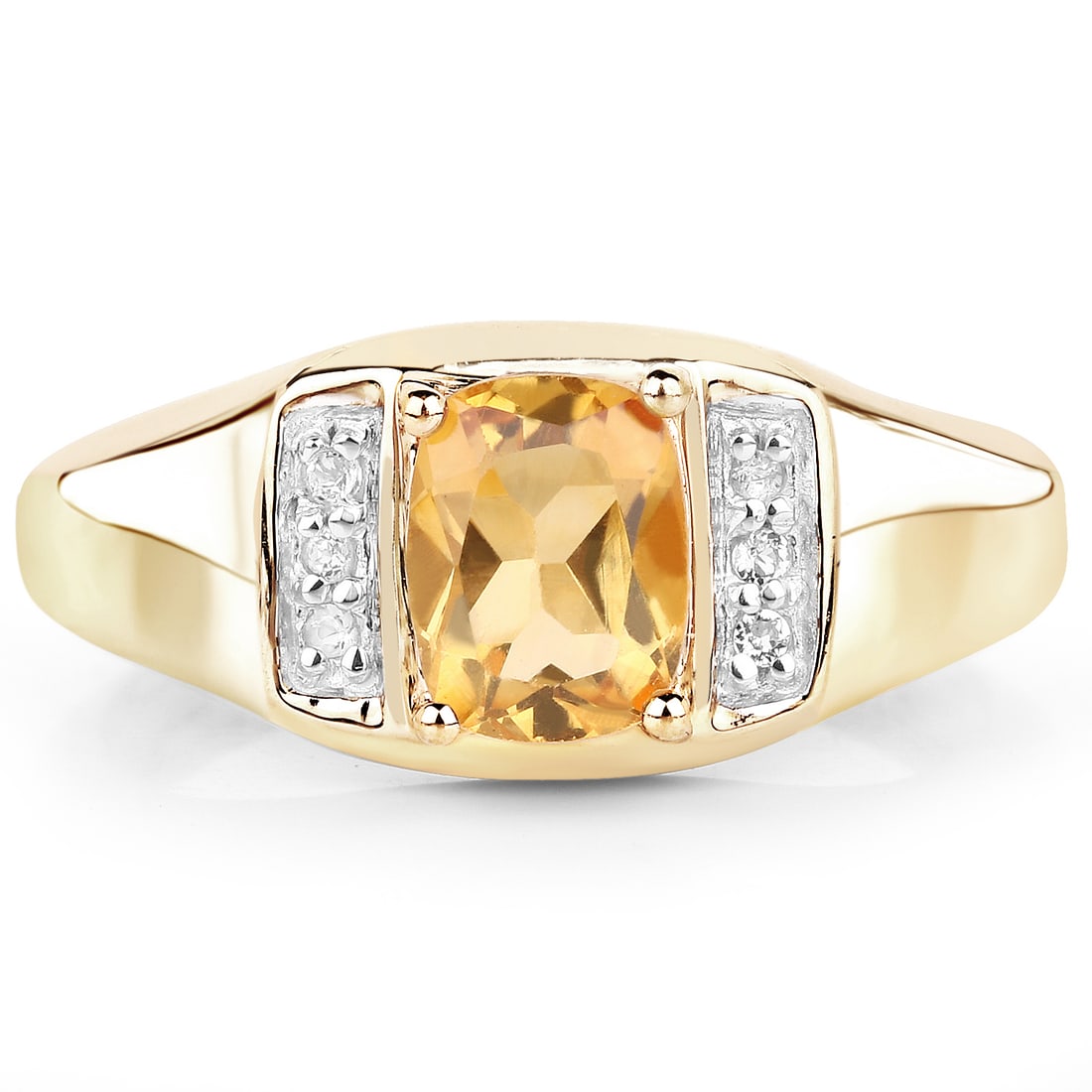 Plated 14KT Yellow Gold 1.30ct Citrine and White Topaz Ring: 14K Yellow Gold Plated 1.36 Carat Genuine Citrine & White Topaz.925 Sterling Silver Ring. Citrine Cushion/8x6mm - 1/1.30 ctw Natural Heat Treated N + White Topaz Round/1.20mm - 6/0.06 ctw Natural Heat