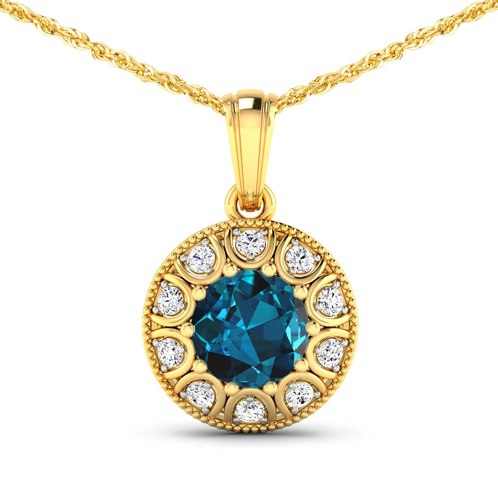 14KT Yellow Gold 2.05ctw London Blue Topaz and Diamond Pendant: London Blue Topaz Round 8.00mm - 1Pc + White Diamond F/C Round 2.00mm - 10Pcs ( White Pan Rhodium ) ( SI-2/HI ) Total weight of gemstone is 2.05cts. Total Diamond weight is 0.3cts. Total weight of thi