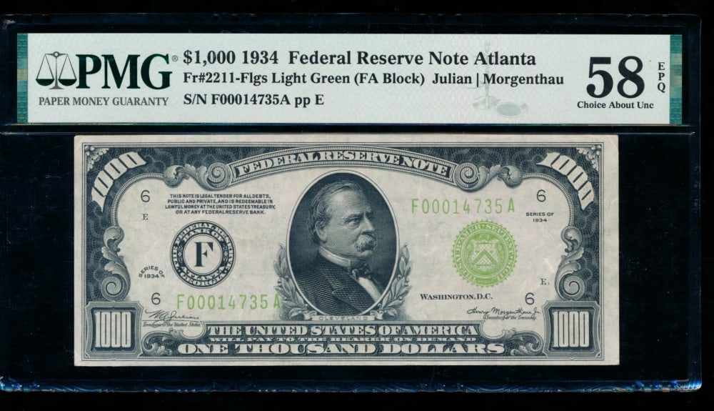 1934 $1000 Atlanta FRN PMG 58EPQ (1 of 2)