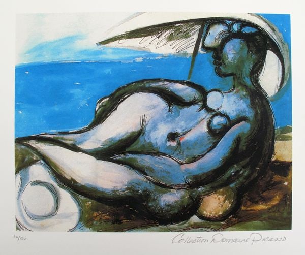 Pablo Picasso RECLINING NUDE AT BEACH Estate Signed Limited Edition Giclee: This is a PABLO PICASSO (ESTATE COLLECTION DOMAINE) (1881-1973) small giclee titled RECLINING NUDE AT BEACH. This piece is pencil signed on the lower right as Collection Domaine Picasso and has an emb