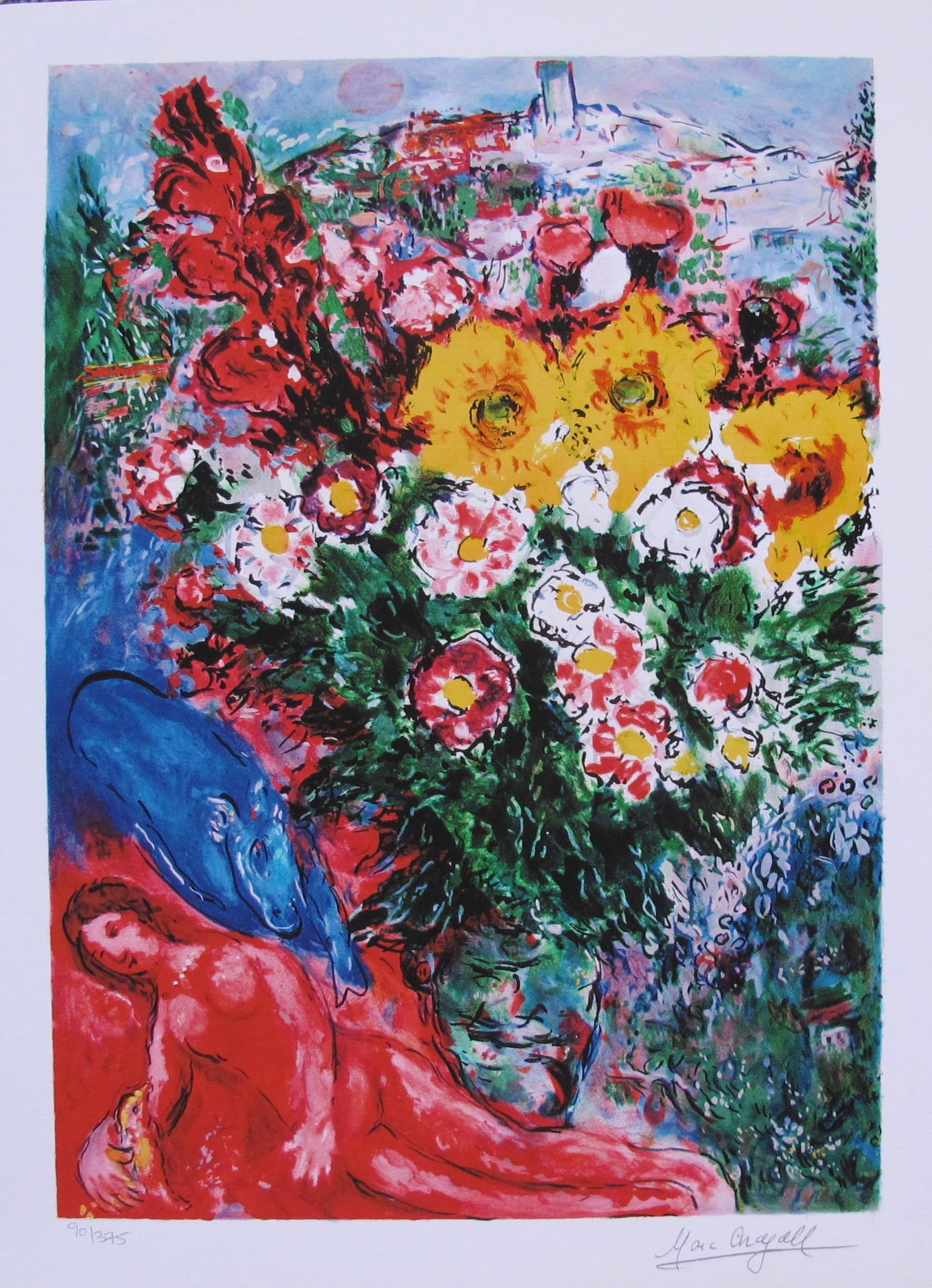 Marc Chagall LES SOUCIS Facsimile Signed Limited Edition Giclee: This is a Marc Chagall limited edition small giclee titled LES SOUCIS. This giclee is facsimile signed on the lower right and is pencil numbered on the lower left from an edition of 375. Paper measure