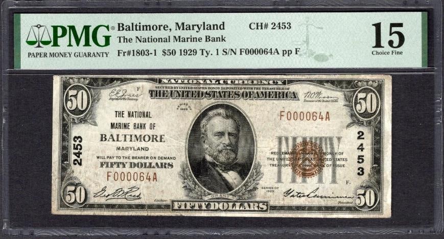 1929 $50 Baltimore MD National PMG 15: One 1929 $50 Baltimore MD National PMG 15.