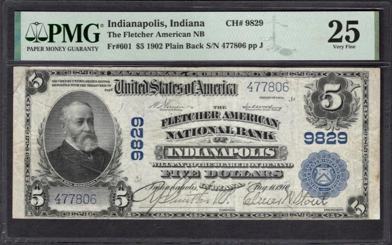 1902 $5 Indianapolis IN National PMG 25: One 1902 $5 Indianapolis IN National PMG 25.