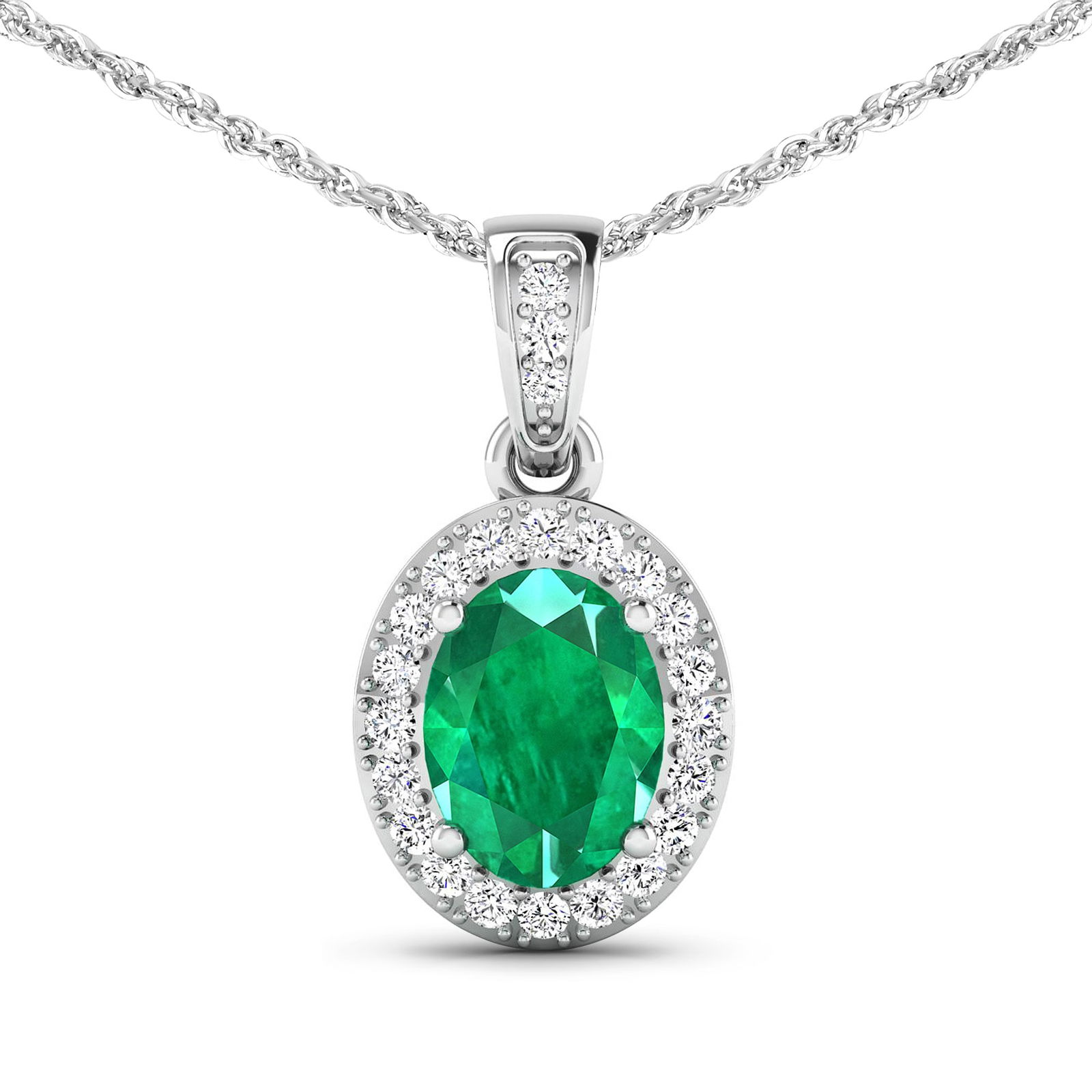 14KT White Gold 1.00ct Zambian Emerald and Diamond Pendant with Chain: 1 Zambian Emerald with a total weight of 1.00cts. Zambian Emerald (AA) Oval 8x6mm - 1Pc + White Diamond F/C Round 1.20mm - 22Pcs + White Diamond F/C Round 1.10mm - 1Pc ( I1-I2/I color). Diamonds with