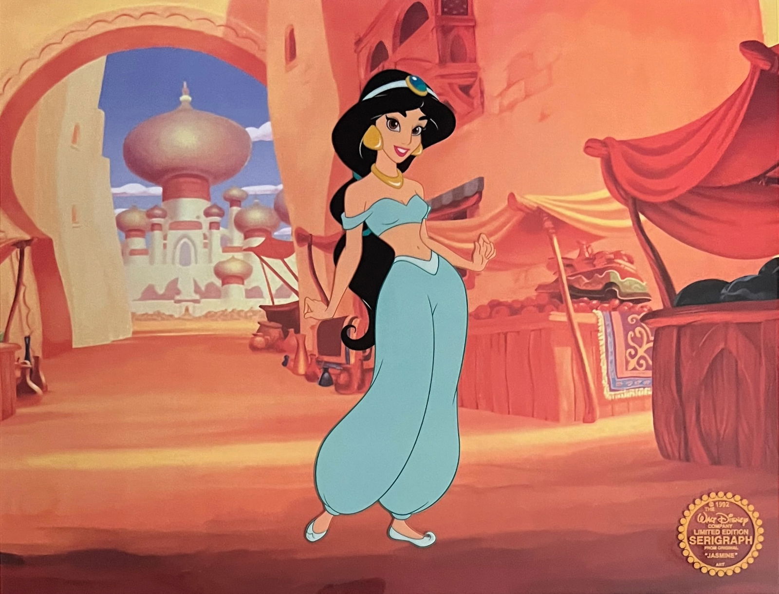 Disney JASMINE from ALADDIN Limited Edition Sericel Animation Art Cel: This is a limited edition serigraph cel of Jasmine from the 1992 Walt Disney animated classic movie titled Aladdin. Disneys own artists have selected this scene from the original animation drawings us