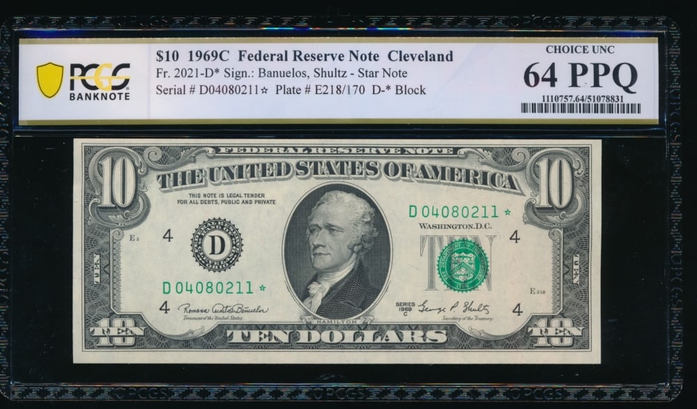 1969C $10 STAR Cleveland FRN PCGS 64PPQ: One 1969C $10 STAR Cleveland FRN PCGS 64PPQ.