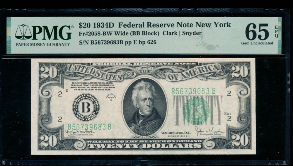 1934D $20 New York FRN PMG 65EPQ: One 1934D $20 New York FRN PMG 65EPQ.