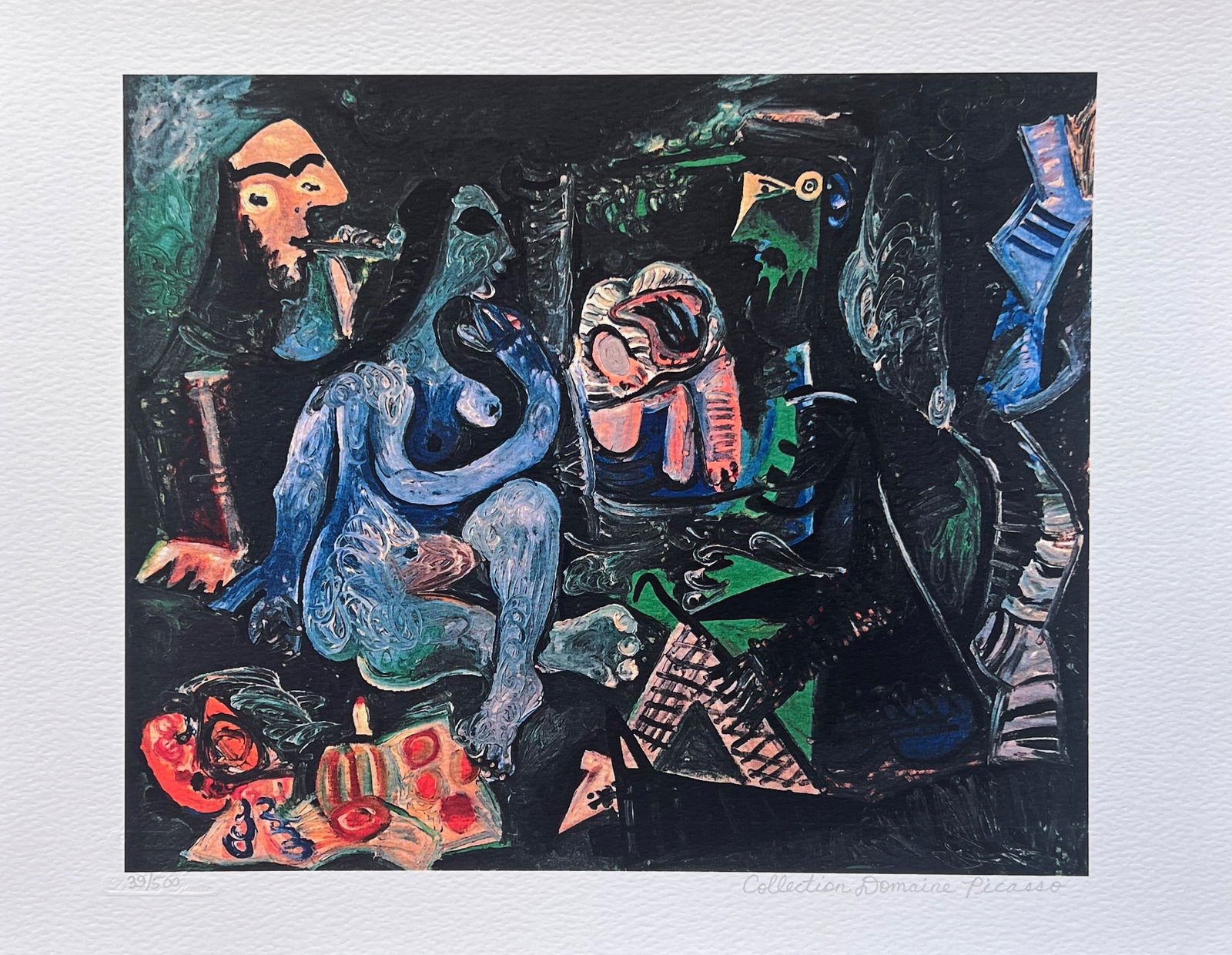 Pablo Picasso PICNIC GROUP Estate Signed Limited Edition Giclee: This is a PABLO PICASSO (ESTATE COLLECTION DOMAINE) (1881-1973) small giclee titled PICNIC GROUP. This piece is pencil signed on the lower right as Collection Domaine Picasso and has an embossed seal