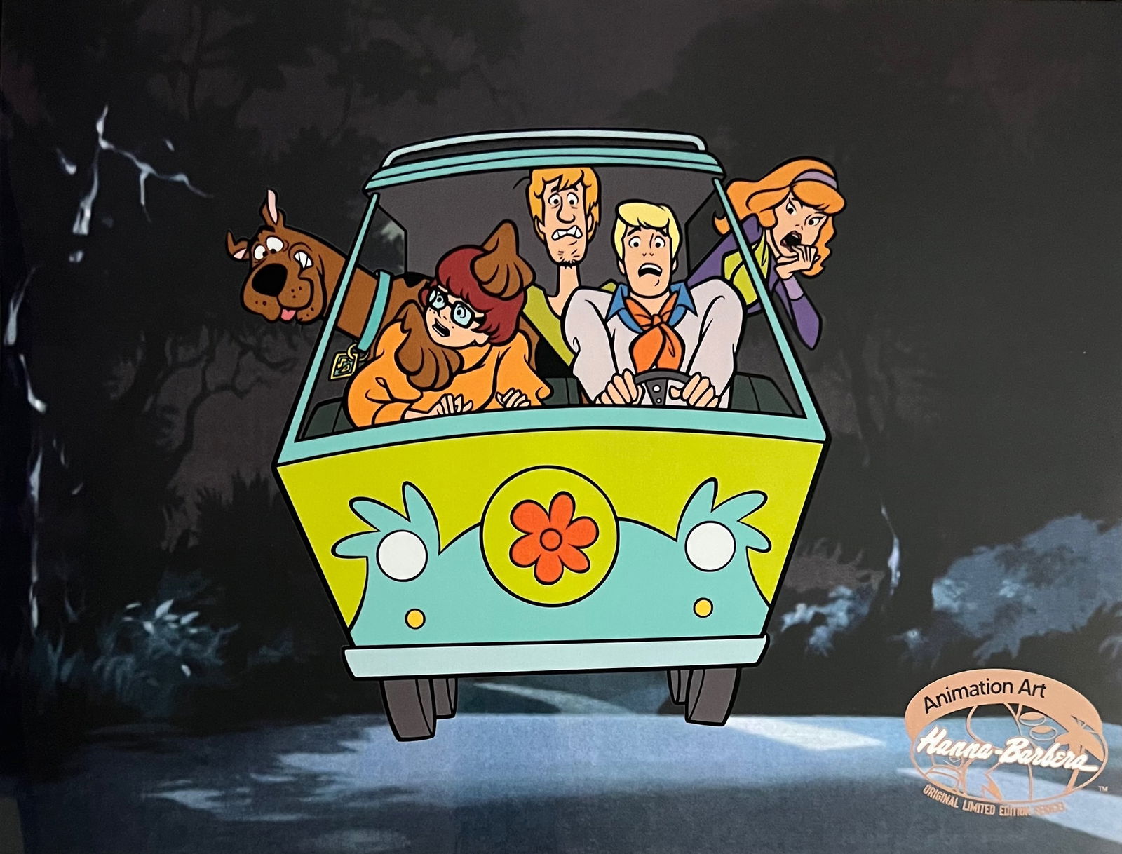 SCOOBY DOO Mystery Machine Sericel Animation Art Cel Hanna Barbera: This is a Limited Edition Sericel titled The Mystery Machine from the classic cartoon series Scooby-Doo. This fantastic animation features Scooby-Doo, Fred Jones, Daphne Blake, Velma Dinkley and Shagg