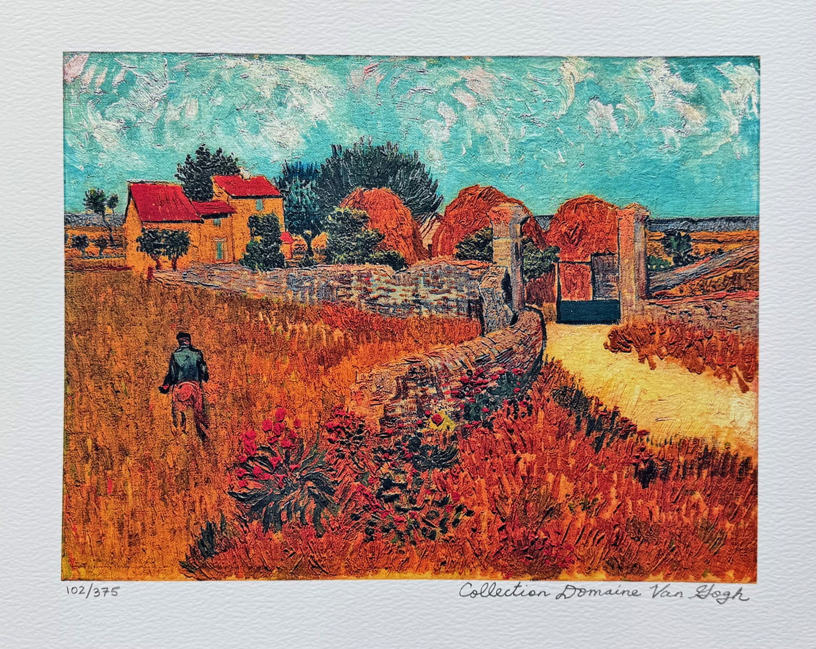 Vincent Van Gogh FARMHOUSE IN PROVENCE Estate Signed Limited Edition Giclee: This is a VINCENT VAN GOGH (ESTATE COLLECTION DOMAINE) reproduction giclee titled Farmhouse in Provence. This piece is pencil signed on the lower right as Collection Domaine Van Gogh and has an emboss