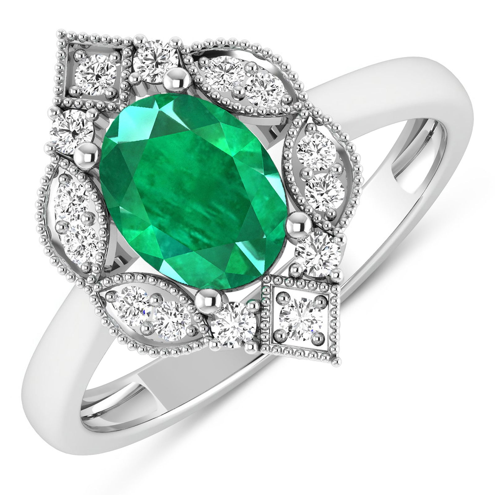 14KT White Gold 1ctw Zambian Emerald and Diamond Ring: Zambian Emerald (AA) Oval 8x6mm - 1Pc + White Diamond F/C Round 1.50mm - 14Pcs ( I1-I2/I color ) Total weight of gemstone is 1cts. Total Diamond weight is 0.2cts. Total weight of this ring is 2.44 gra