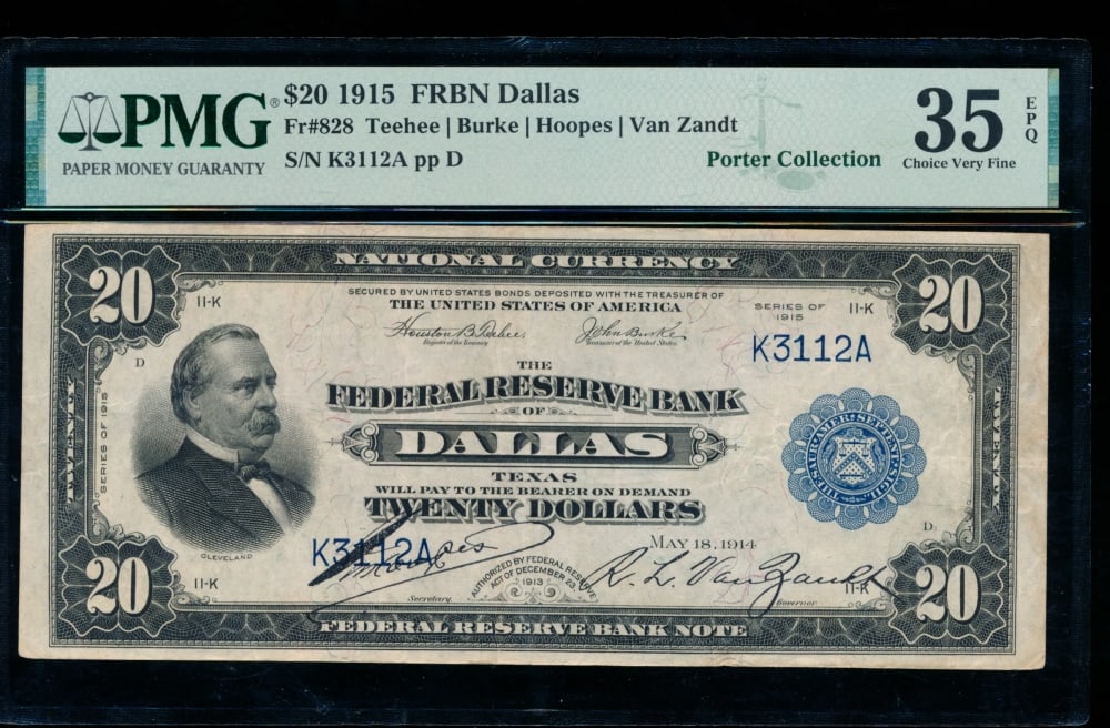 1915 $20 Dallas FRBN PMG 35EPQ: One 1915 $20 Dallas FRBN PMG 35EPQ.