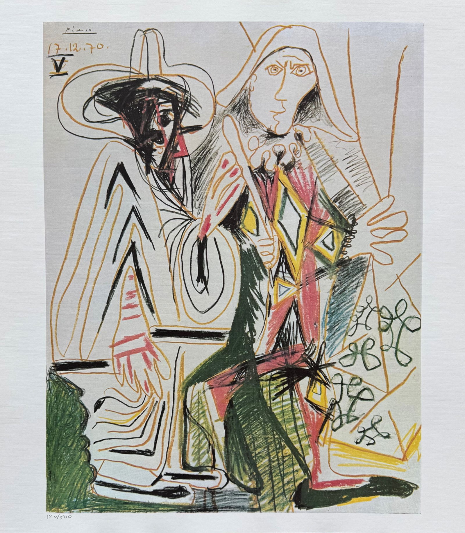 Pablo Picasso 1972 Facsimile Signed Limited Edition Lithograph CLOWN & HARLEQUIN: This is a 1972 Pablo Picasso lithograph titled Clown and Harlequin. This subject is signed in the plate which means that it has a copy of Picasso’s signature on it. Pencil numbered from a limited ed