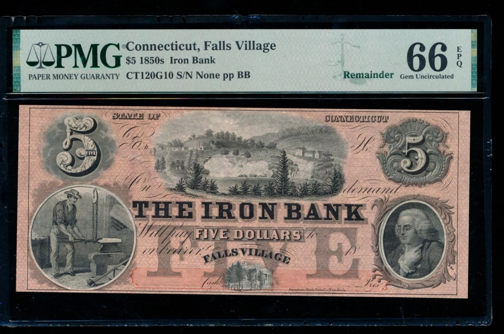 1850s $5 Falls Village CT Obsolete PMG 66EPQ: One 1850s $5 Falls Village CT Obsolete PMG 66EPQ.