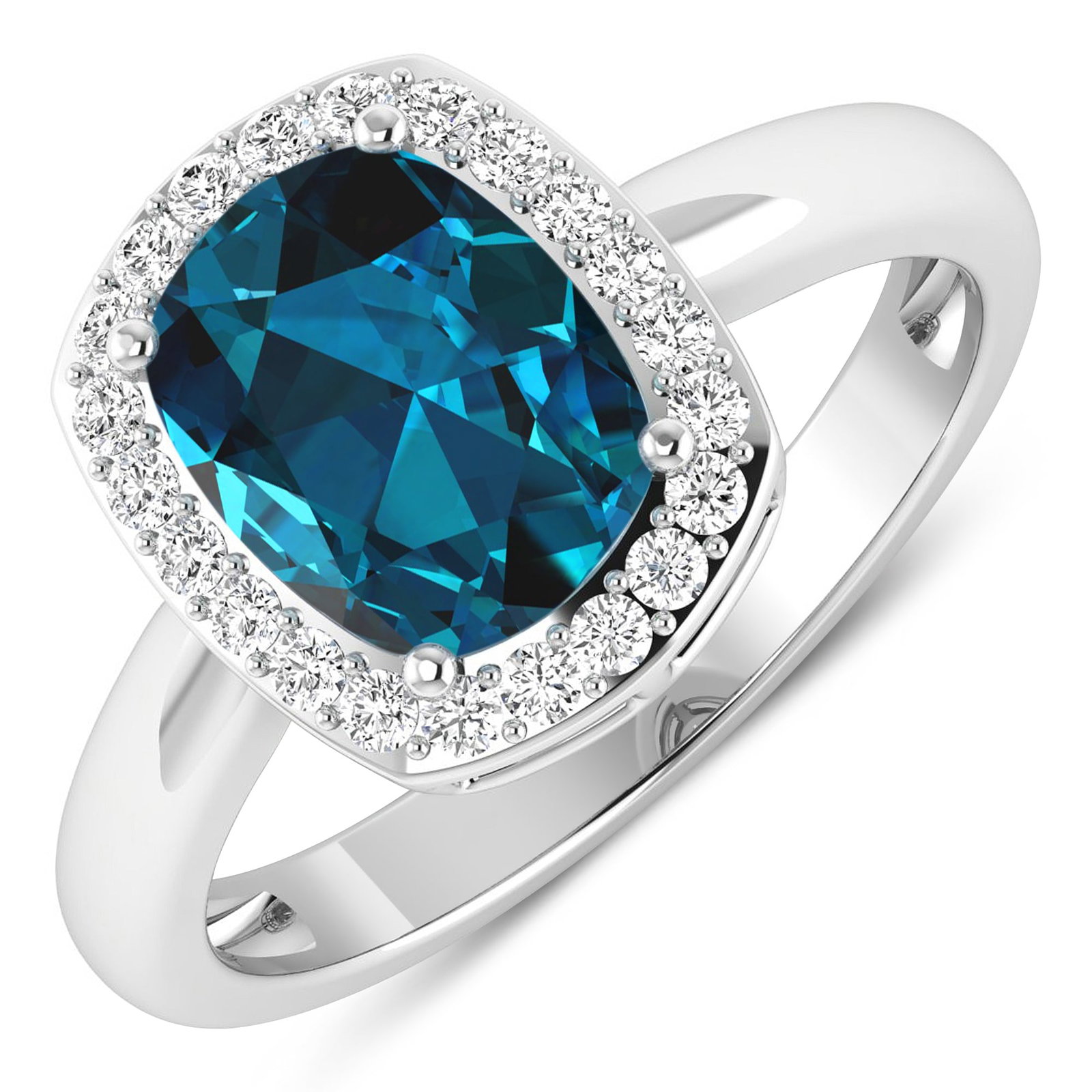 14KT White Gold 1.95ctw London Blue Topaz and Diamond Ring: London Blue Topaz Cushion 9x7mm - 1Pc + White Diamond F/C Round 1.30mm - 22Pcs (SI2/HI color) Total weight of gemstone is 1.95cts. Total Diamond weight is 0.22cts. Total weight of this ring is 3.01 gr
